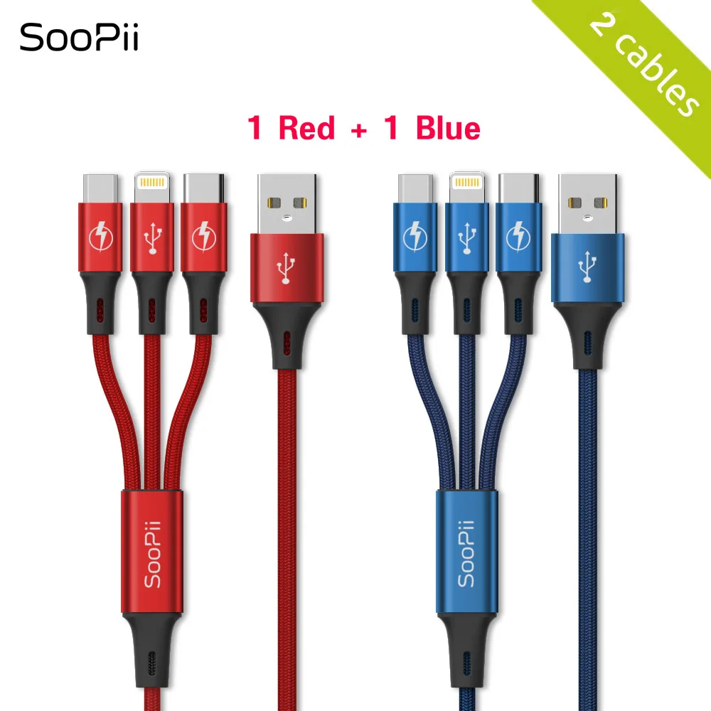 Soopii 1,2 м 3 в 1 USB кабель type-c и ios и кабель зарядного устройства микро-usb 3A Быстрая зарядка USB кабель 2 упаковки - Цвет: 1Blue 1Red
