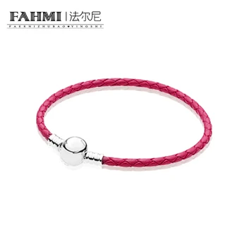 

FAHMI 100% 925 Sterling Silver Charming Round Red Buckle Leather Hand Strap Classic Casual Women Suitable Gift Jewelry