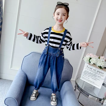 

Spring fall kids Girls' Clothes Outfit sets Striped T-shirt + Strap Jeans Suits Cloth for toddler children Girls clothing sets