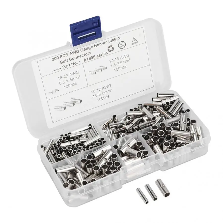 

300Pcs Non-Insulated Copper Butt Splice Wire Connector Tinned Crimp Terminal Kit for Boat Auto Cord Terminal Silver