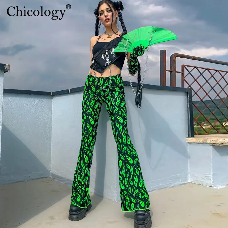 

HAWTHAW green fire print flare pants high waist bell bottom 2019 summer sexy women streetwear clothing female punk trousers