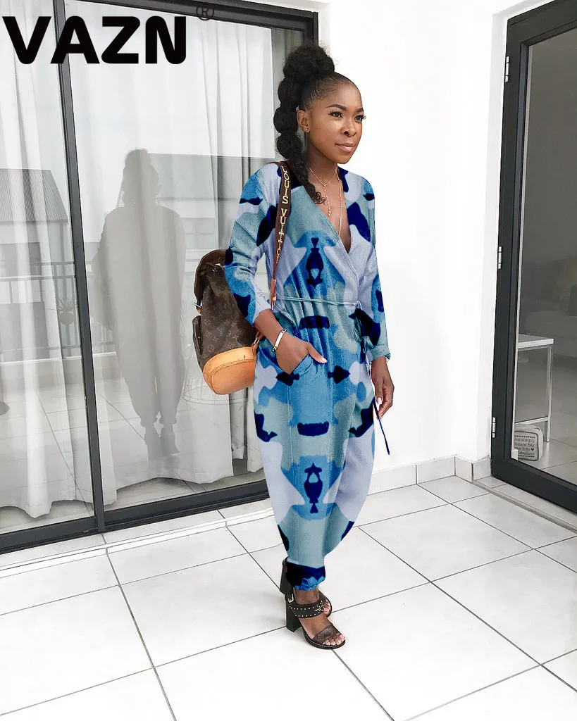 VAZN OYP6068 New Fashion Print Camouflage Casual Women Jumpsuits Sexy V-Neck Full Sleeve Long Pants Soft Bodycon Jumpsuits
