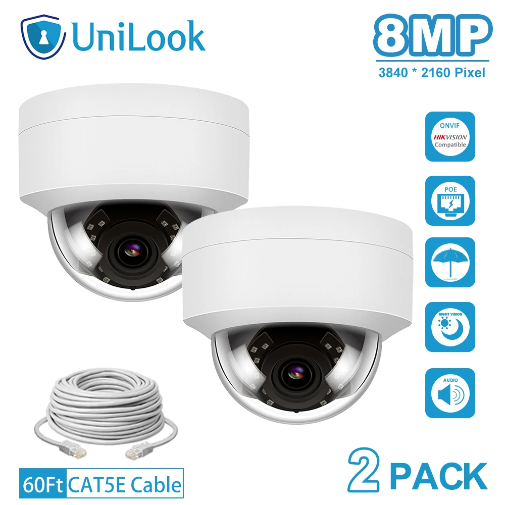 IP-камера UniLook 4K 8 Мп POE 2 шт. в посылка встроенный микрофон IP66 ИК 30 м совместима с