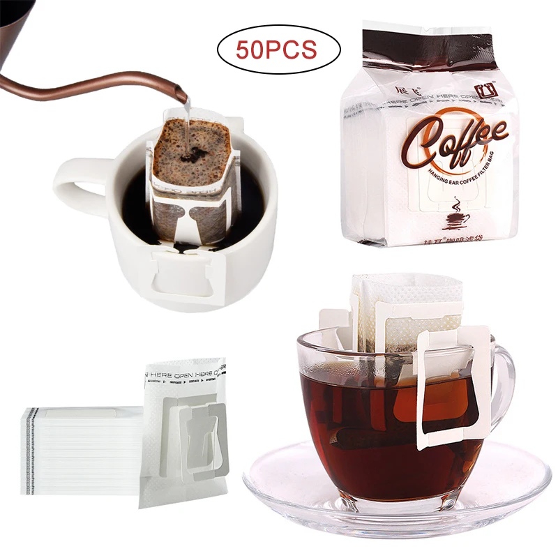 25-50 unids/pack de café desechables Fliter bolsas colgante portátil oreja estilo filtros de café ecológico bolsa de papel para café