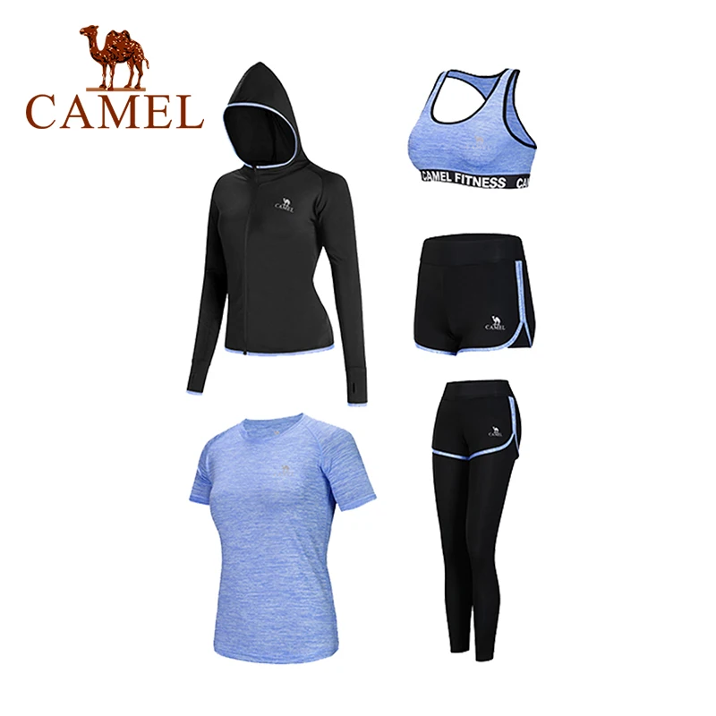 

CAMEL Women Sports Suit Running Yoga Fitness Clothing Wear Sportwear 5Pieces-Set Training Bra Jogging Shirt Gym Winter