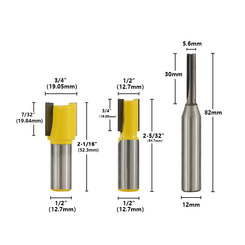 3 шт 1/2 ''(12,7 мм) Хвостовик низкоразмерный Dado маршрутизатор Набор бит прямой Обрезной фрезы древесины маршрутизатор Набор бит