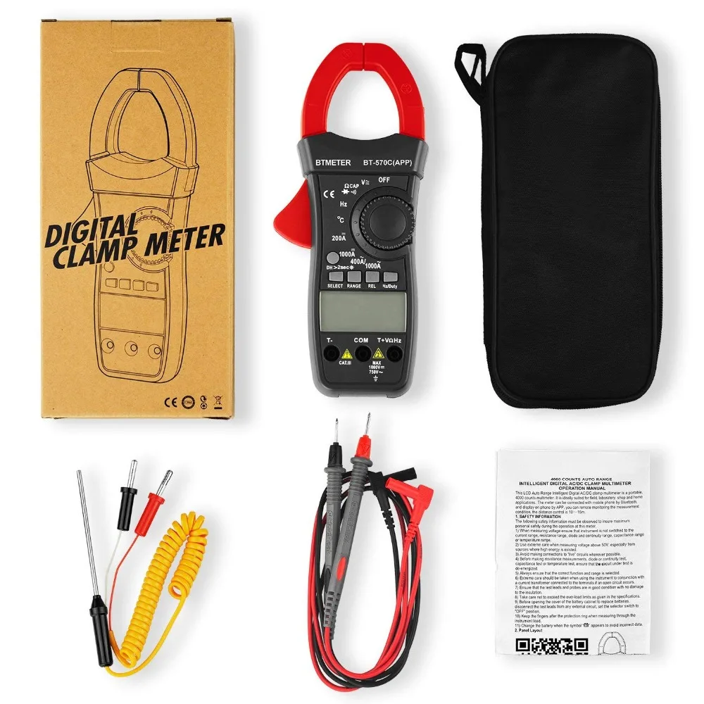 BTMETER 570C-APP 디지털 클램프 멀티미터, 자동 범위 조정 앰프 옴 테스터, AC 및 DC 저항 온도 전기 HVAC용, 4000 카운트