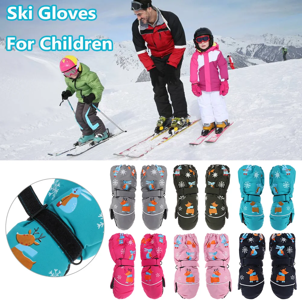 1Pair Cartoon Children Ski Gloves Long-sleeved Mittens Winter Windproof Waterproof Thick Warm Non-slip Deer Rabbit 2-6 Years Old