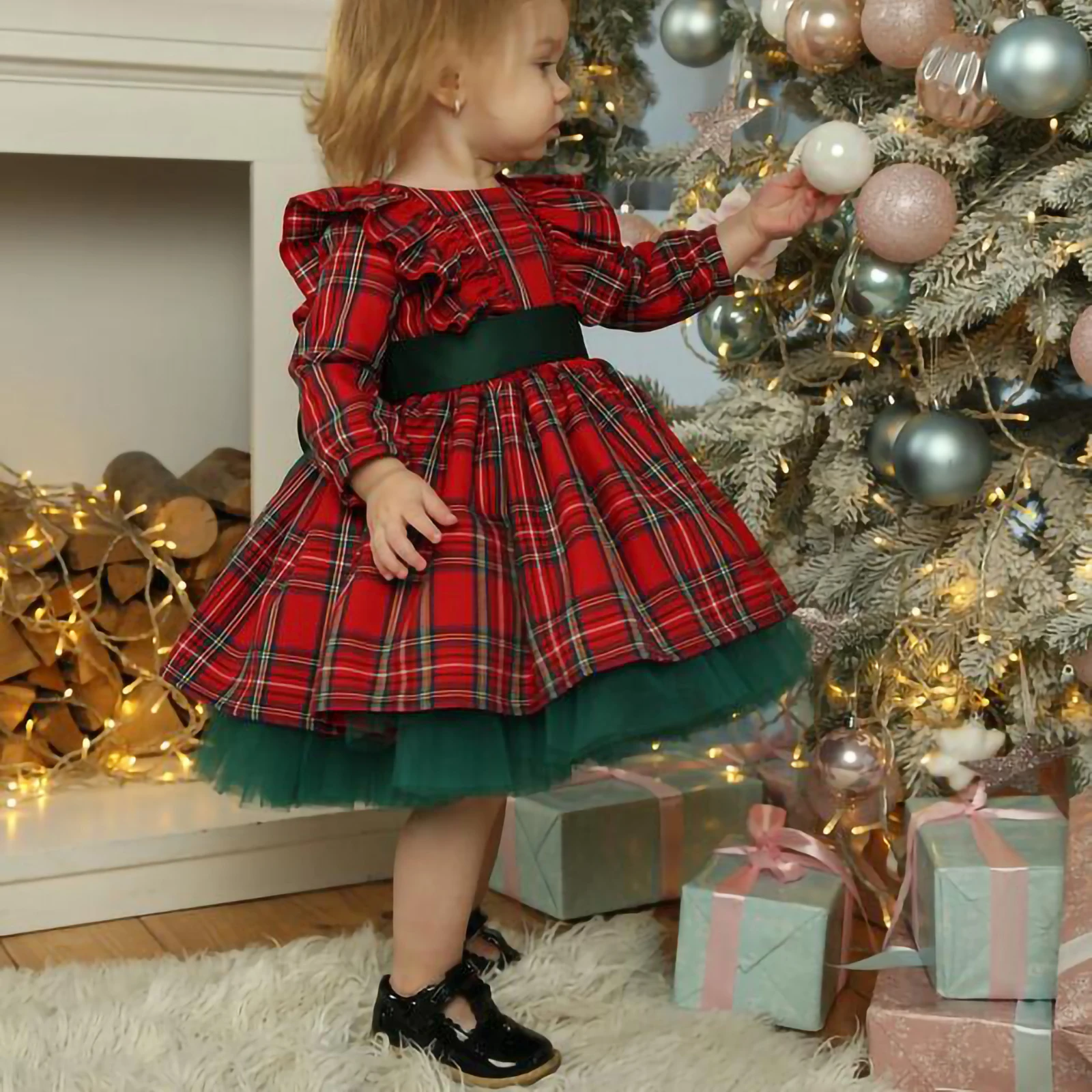 Emmababy vestido de invierno para niñas de 1 a años, ropa de Navidad bebés, vestidos de tul a cuadros rojos para niñas de Año Nuevo|set de ropa| -