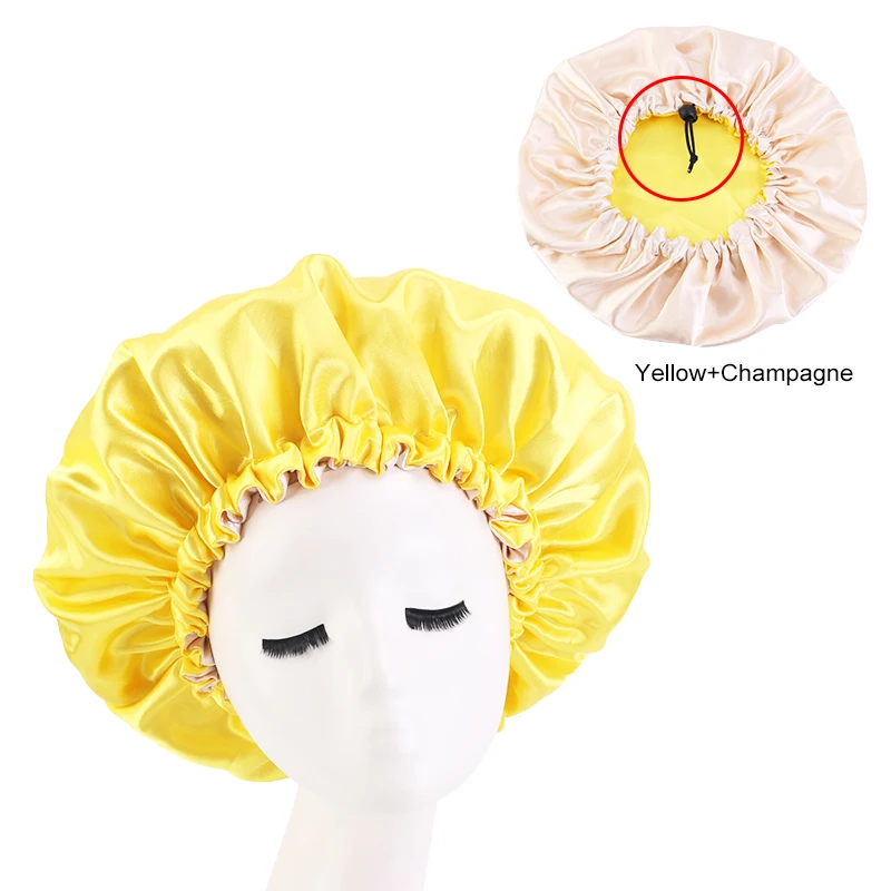 New Reversible Satin Bonnet double layer adjustable size Sleep Night Cap Head Cover Bonnet Hat for For Curly Springy Hair Black ladies head wraps Hair Accessories