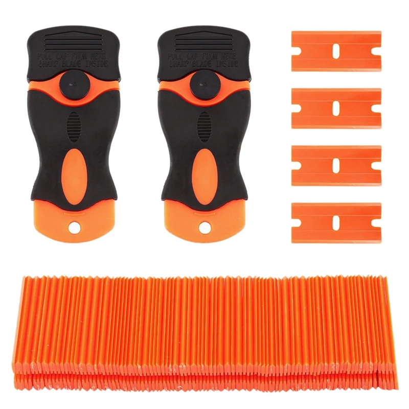 

100 Pcs Car Offroad Diy Plastic Double Edged Razor Blades & 2 Pc Scraper Removal