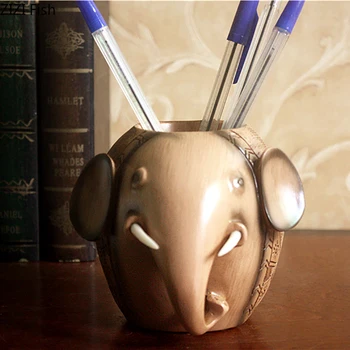 

Nordic Penholder Resin African Elephant Statue Pen Holder Pencil Case Brown Animal Statuette Desk Decoration Stationery Storage
