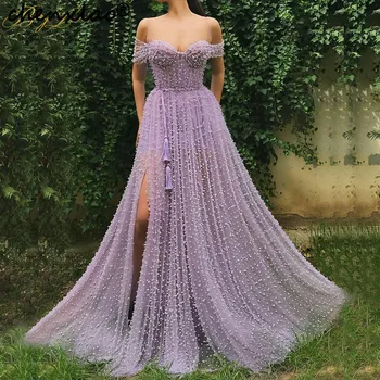 

Purple Off shoulder Pearls Evening Dresses Elegant Sweetheart Beading Sexy Tulle Moroccan Kaftan Formal Party Gown