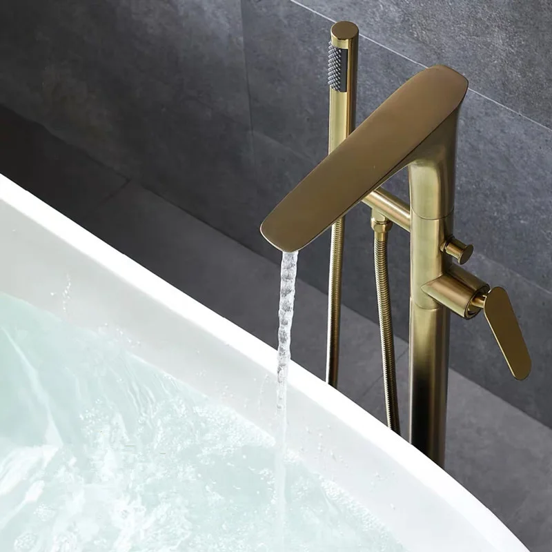 

Solid Brass Bathroom Bathtub Shower Faucet Set Brushed Gold Hot & Cold Mixer Tap With Handheld Floor Standing Type Black/Chrome