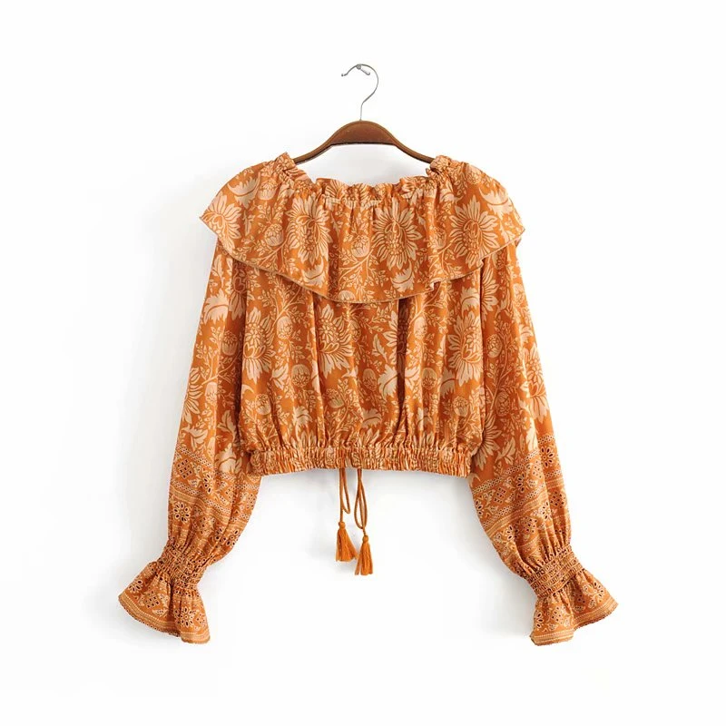 Boho chic Женская богемная блузка с цветочным принтом и оборками, женская блузка с открытыми плечами, блуза с длинным рукавом
