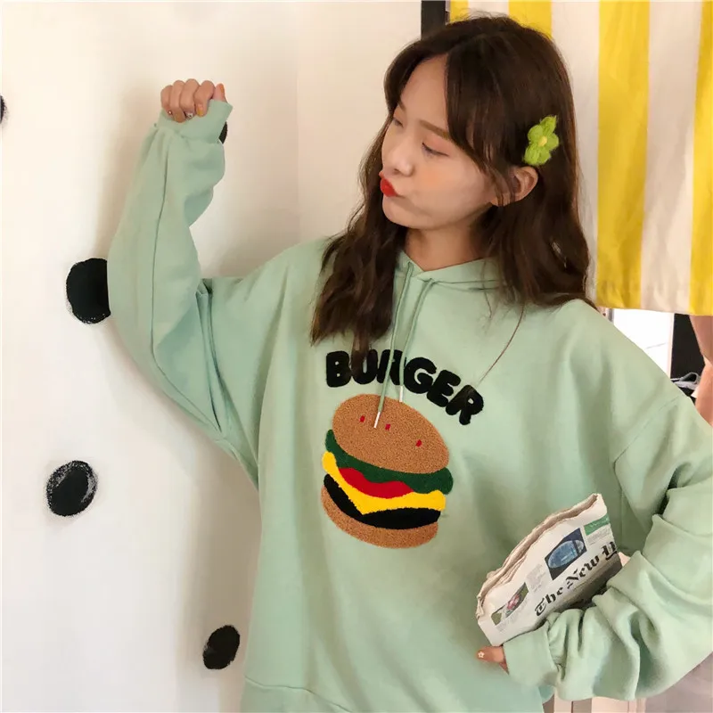 Burger патч негабаритных толстовки для женщин Весна Осень Корейская кофта с капюшоном в стиле поп Женская толстовка сплошной цвет пуловер женский