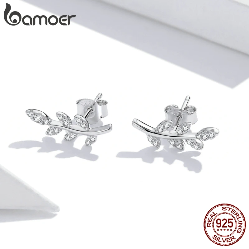 Silver Earrings Silver Stud Earrings Womens Earrings Studded Earrings BAMOER Authentic 925 Sterling Silver Spring Leaf Leaves Clear CZ Zircon Stud Earrings for Women Fashion Earrings Jewelry BSE031