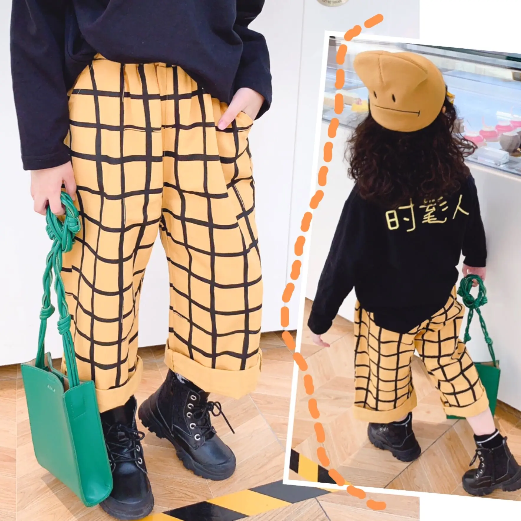 

2019 autumn new children's casual pants version of the personality wild loose ocean wide leg hit color lattice trousers tide