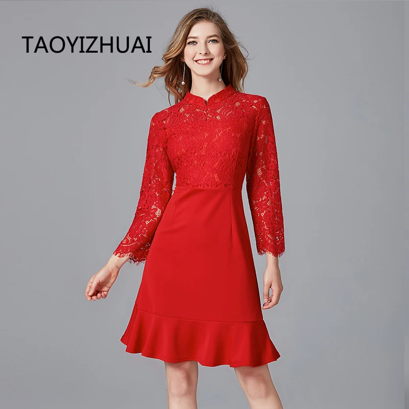 

TAOYIZHUAI new arrival autumn casual style lace women dress three quarter flare sleeves large size Mermaid above knee fashion