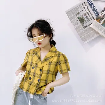 

Summer 2020 new girl's shirt retro loose double breasted plaid short sleeve shirt top