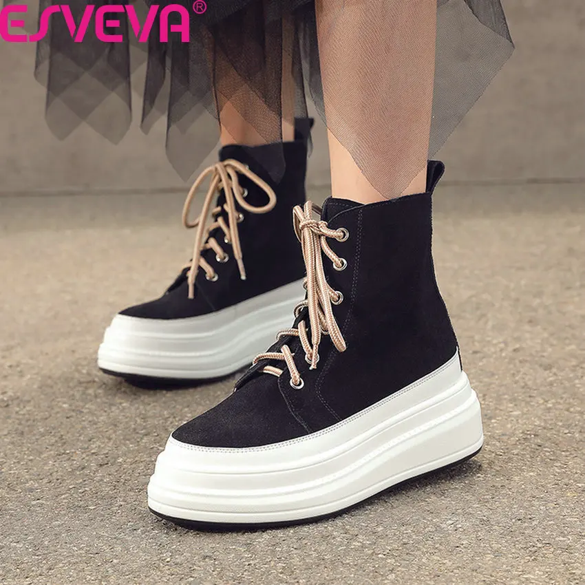

ESVEVA 2020 Cow Suede Round Toe Fashion Platform Autumn Winter Women Shoes Wedge Heel Lace Up All Match Ankle Boots Size 34-40
