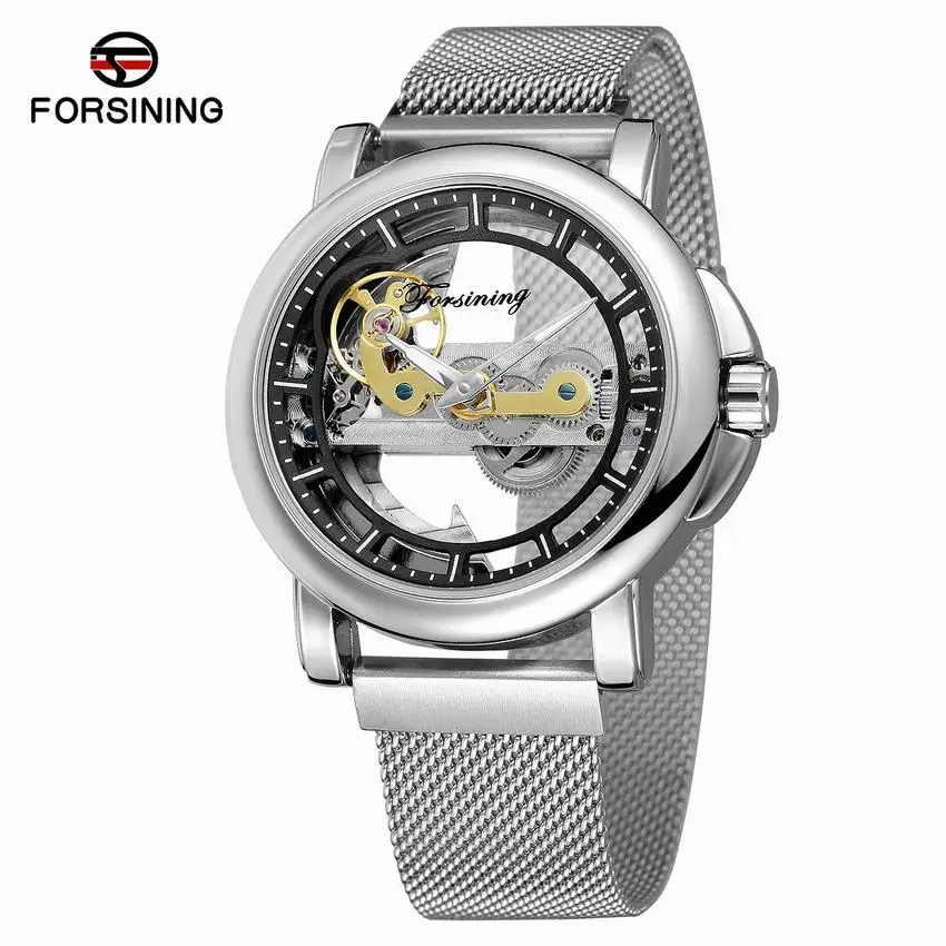 

New Style Forsining Design Men Fashion Casual Waterproof Mesh Belt Tourbillon Fully Automatic Mechanical Wrist Watch