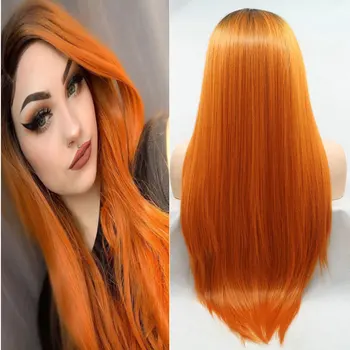 

Bombshell Straight Synthetic 13*3 Hand Tied Lace Front Wig Black Rooted Ombre Orange Heat Resistant Fiber Hair For Women Wigs