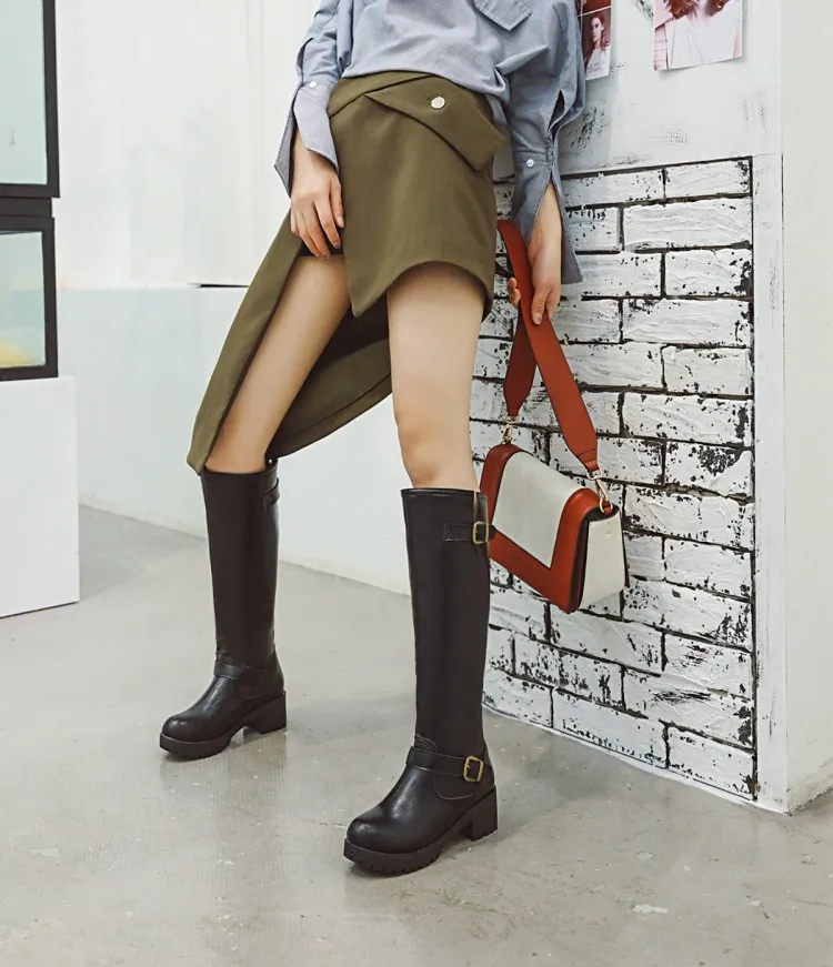 Women's Boots Autumn and Winter New Thick Bottom Comfortable Waterproof Platform Knee High Zip Sexy Fashion Pu Black Beige