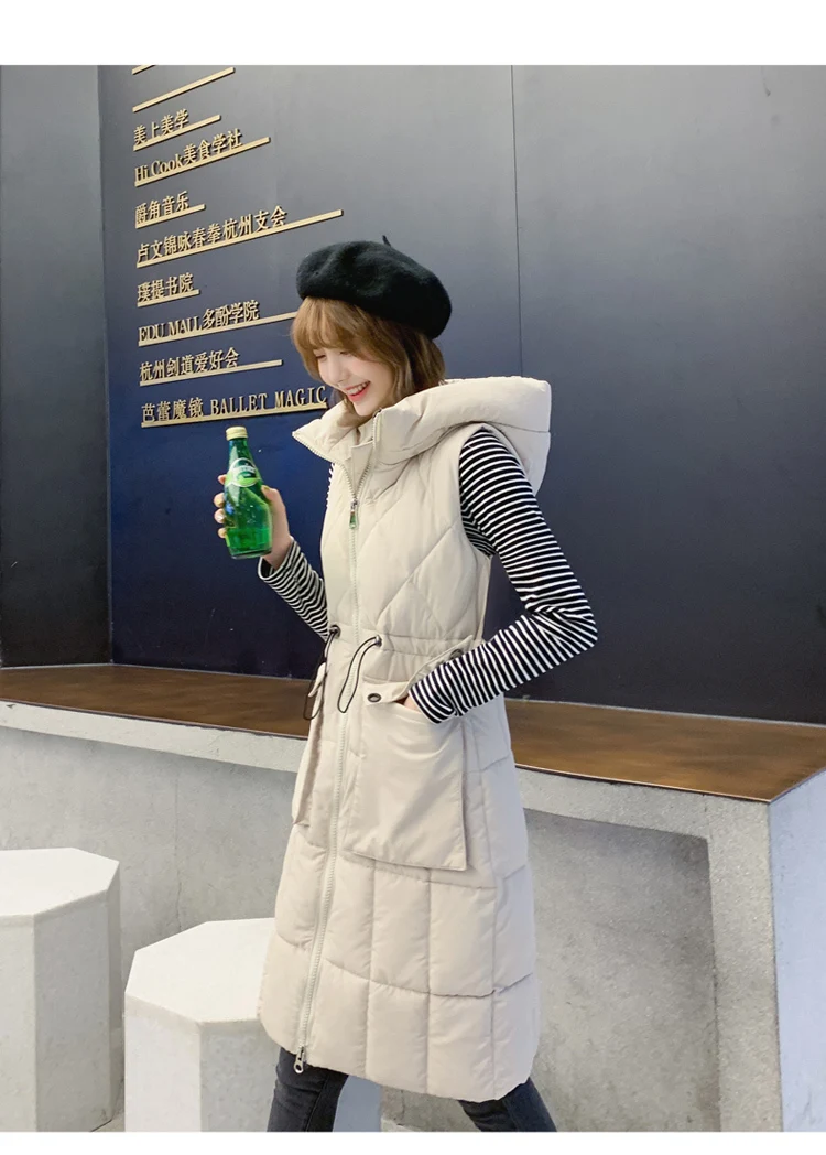 Женское зимнее длинное пальто Корейская мода сплошной средней длины без рукавов жилет женский жилет свободная повседневная куртка женская одежда плюс размер