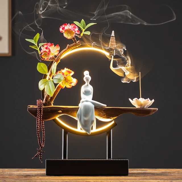 Waterfall Backflow Incense Burner Lady Flower Ceramic Incense Holder with LED Light Zen Buddha Censer Flower Incense Stick Rack Style 2