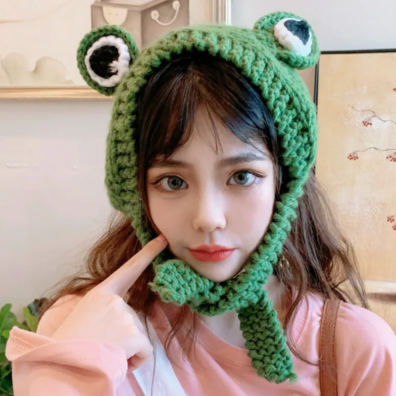 

H7735 Frog Knitted Beanie Hat Women Autumn Winter Sweet Cute Warm Korean Headpiece Student Girl High Quality Fashion Thick Hats