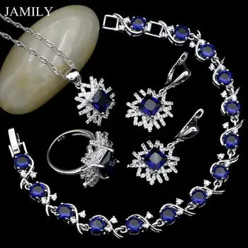 

Square Blue Cubic Zirconia White Crystal Jewelry Sets for Women Earrings/Pendant/Ring/Bracelet/Necklace Set Dropshipping