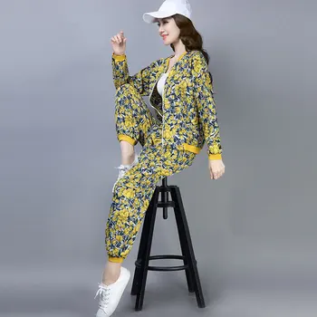 

Spring New Casual Hit Color Printing Zipper Sports Long-sleeved Thin Section Coat Elasticated Waist Ankle Length Pants Suit 2020