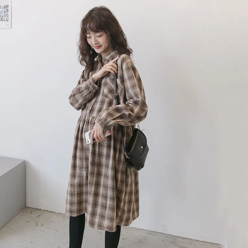 Осенние платья для беременных Vestido, элегантное платье с длинными рукавами, клетчатая рубашка для беременных, свободная модная блузка, одежда, Топ