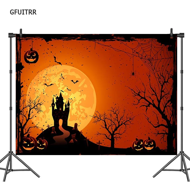 Gfuitrr Halloween Photography Backdrop Castle Full Moon Photo Background Yellow And Black Vinyl Photo Booth Props Background Aliexpress