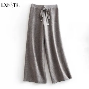 

LXMSTH Women's Knitted Pants Spring Korean Casual Knit Wide Leg Pants Female Drawstring Casual Trousers Loose