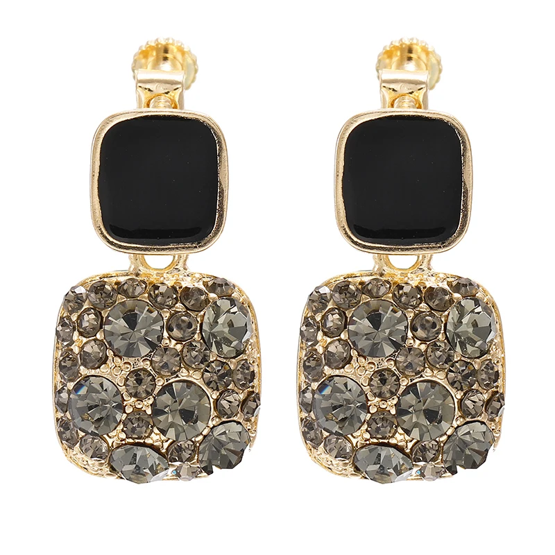Trendy Full Rhinestone Square Clip on Earrings 2021 Fashion Geometry No