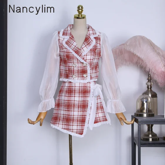 

2019 Fall Sets Dress Set for Woman New Lapel Mesh Puff Sleeve Stitching Tweed Plaid Coat + Irregular Pants Skirt Shorts Suit