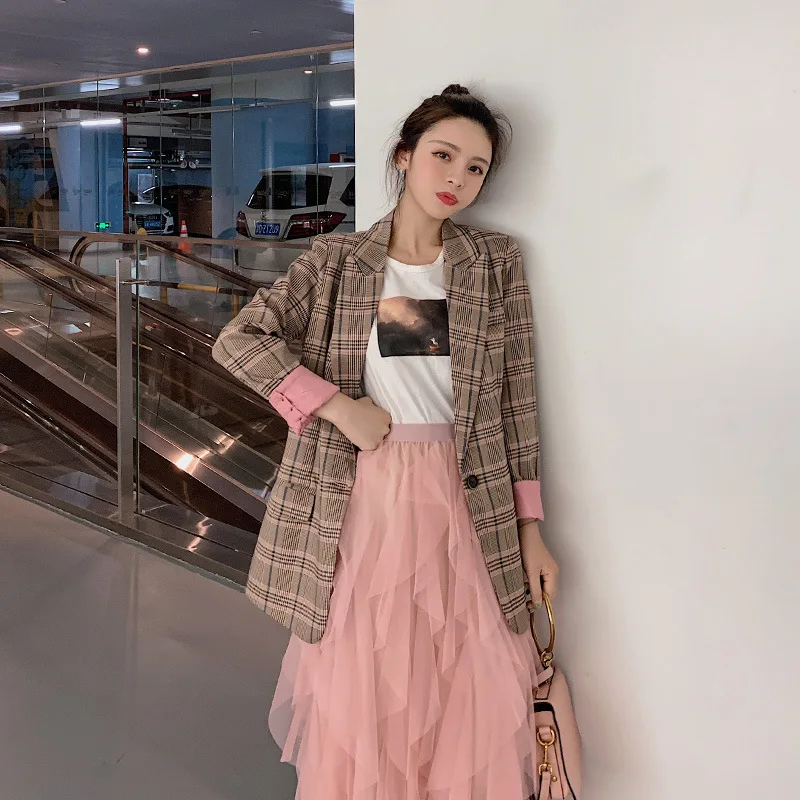 

Photo Shoot Plaid Small Suit Coat Women's Loose-Fit 2019 Spring And Autumn New Style Online Celebrity Korean-style Retro South K