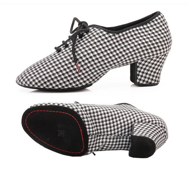bd dance shoes T1-B Female Betty Latin dance shoes two point soft bottom Oxford cloth modern dance practice shoes T1 T1-B houndstooth