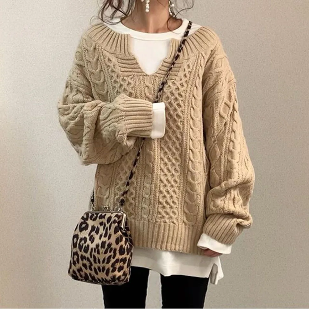 

Autumn Knitted Sweater Twist Pattern Loose Casual Lady Pullover Japan Korea Lazy Top Young Girl Winter Jumper Oversize Female