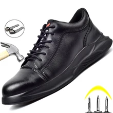 Chaussures de sécurité en cuir pour hommes, souliers de travail Anti écrasement et Anti perforation avec bout en acier, étanches et Anti brûlure