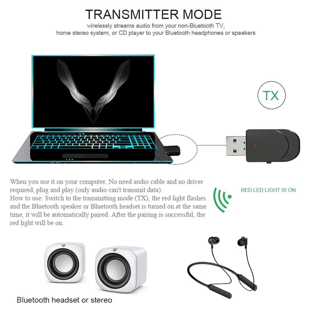 Аудио Bluetooth 5,0 передатчик приемник 2 в 1 Мини USB Домашний автомобильный стерео звуковой адаптер для ПК ТВ наушники