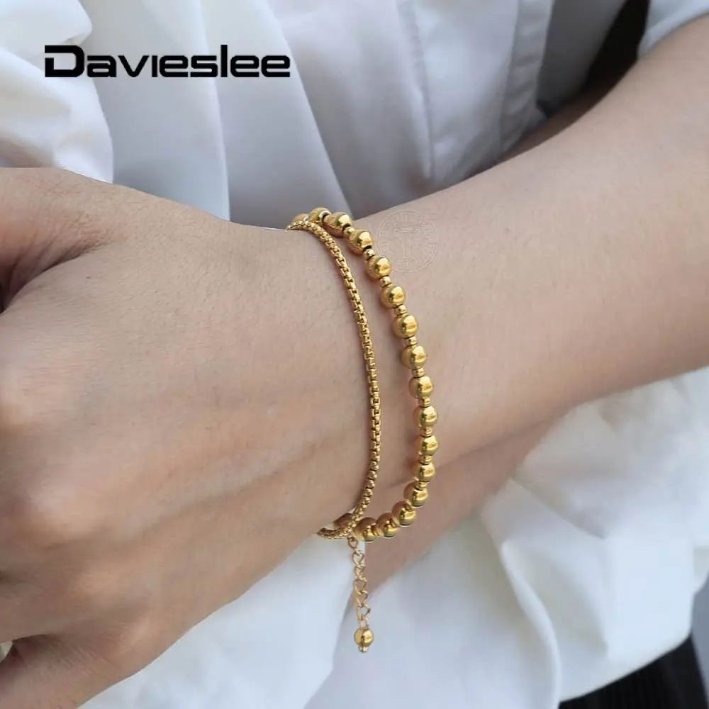 Модный браслет из нержавеющей стали с бусинами для женщин, многослойная цепочка в коробке, винтажный браслет, регулируемый по длине, ювелирные изделия, подарки LDB268