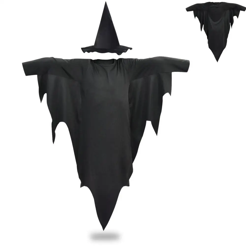 

Scary Children's Halloween Black Ghost Cosplay Costume Cloak Horrible Clothing With Witch Hat