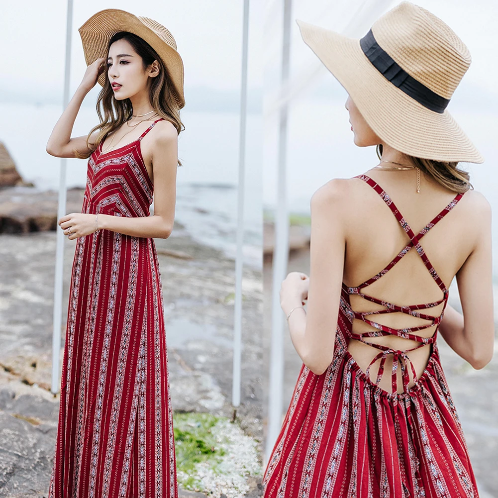Женское платье с v-образным вырезом, с разрезом по бокам, для отдыха, с завышенной талией, с бретельками на лодыжке, без рукавов, с тонкими бретельками, из смешанного хлопка, летнее, сексуальное, с открытой спиной