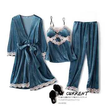 

3PCS Pajamas Set Lady Velvet Kimono Bathrobe Gown Bride Bridesmaid Wedding Robe Dressing Gown Sexy Lace Women Pyjamas Suit