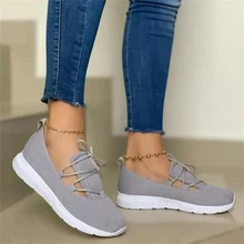 

Women Lace Up Sneakers Woman Mesh Breathable Solid Vulcanized 2021 Female Cross Tied Shoes Ladies Summer Flats Plus Size 43