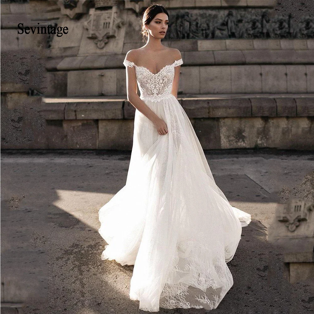 

sevintage Beach Lace Tulle Wedding Dresses Off the Shoulder Sheer Bohemian Bride Gowns Backless Court Train vestido de noiva