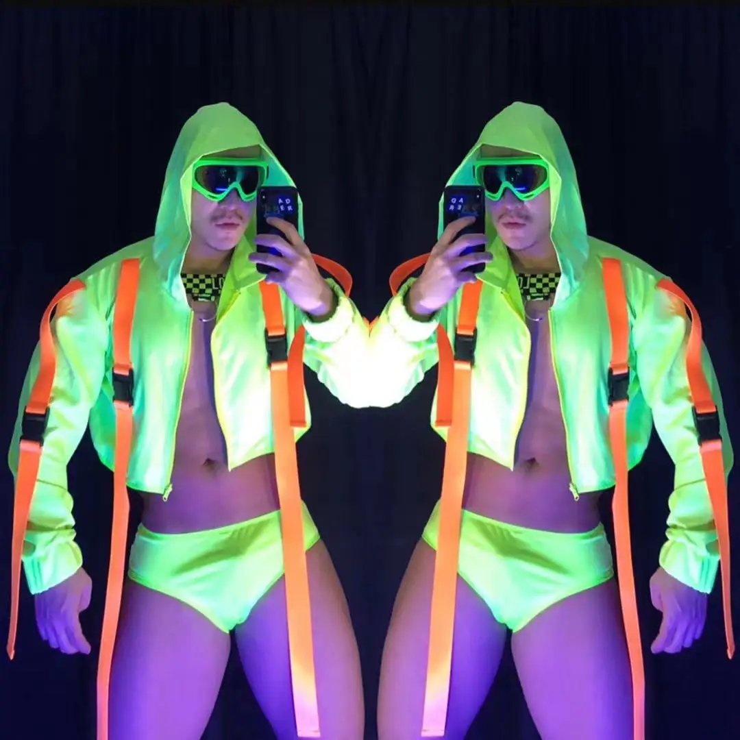 

Hip Hop Street Dance Costume Men's Nightclub Fluorescent Green Gogo Pole Dancing Clothing Jacket Coat Shorts Rave Outfit VDB4030